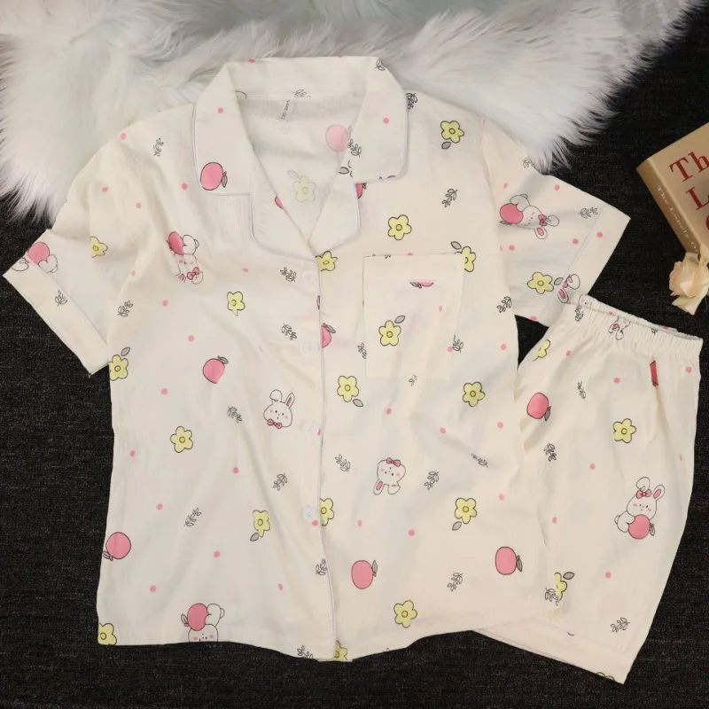 

Cloud Cotton Pajama Women Summer Short Sleeve Shorts Cute Flower Rabbit Print Loungewear Girl Fashion Four Seasons Sleepwear