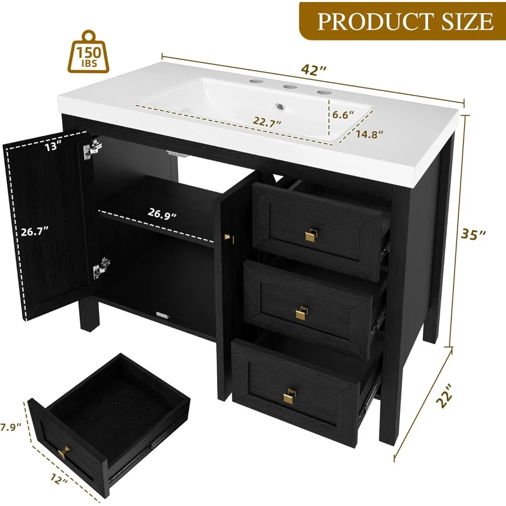 طقم زينة حمام حديث مقاس 42 بوصة مع حوض، وخزانة تخزين، وحوض راتنج، وثلاث فتحات