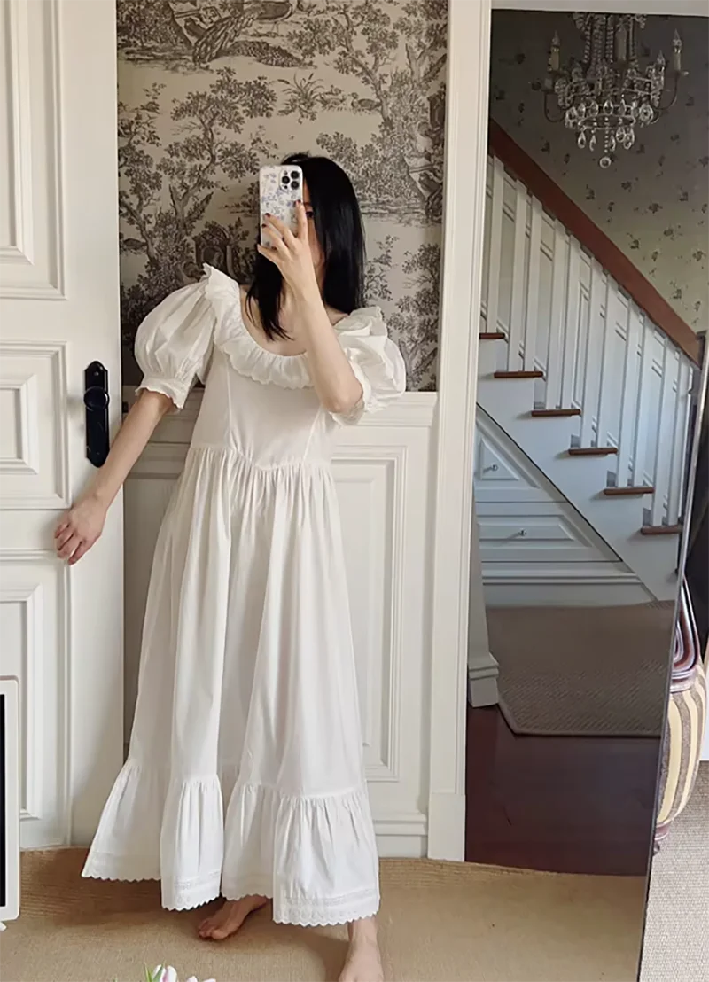 Vintage Women Sleepwear Long Princess Dress Antique Sleepshirts Lady Girl\'s French Style Puff Sleeve Nightgown Loose Nightdress