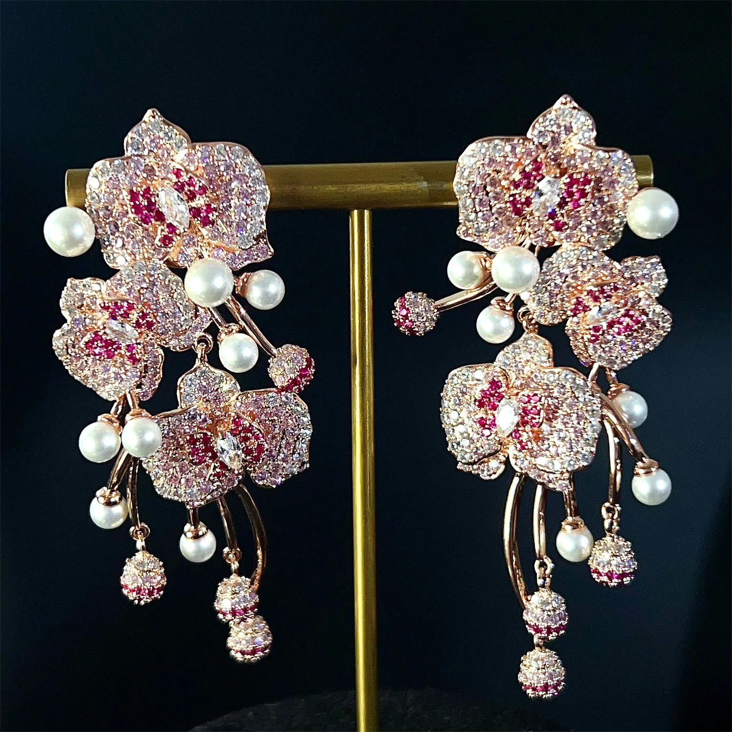 

Gorgeous bling bling earrings flower pink blue zirconia luxury jewelry women wedding dinner party long flower plant earrings