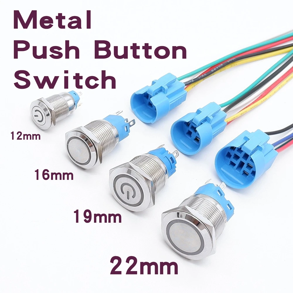 12mm 16mm 19mm 22mm Metalowy przełącznik przyciskowy z płaską głowicą 1NO1NC Start Stop LED Światło Czerwony Pomarańczowy Niebieski Zielony Biały 3v 12v 24v 110v