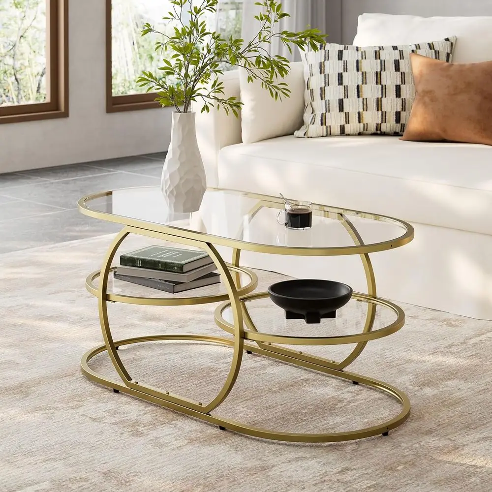 

Стеклянный журнальный столик в золотой металлической раме с местом для хранения вещей, мебель для гостиной, прочное закаленное стекло, простая сборка