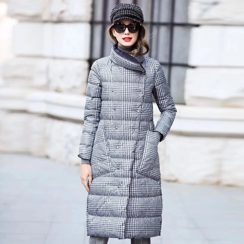 FMFSSOM 2024 New Women Winter Long Duck Down Jacket Thick Double Sided Plaid Coat Female  Warm Down Parka Women Slim