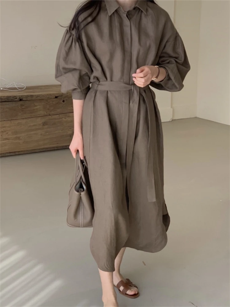 REALEFT 2024 New Vintage Women\'s Shirts Dresses Sashes Puff Sleeve Solid Casual Loose Straight Long Dresses Female Spring Autumn