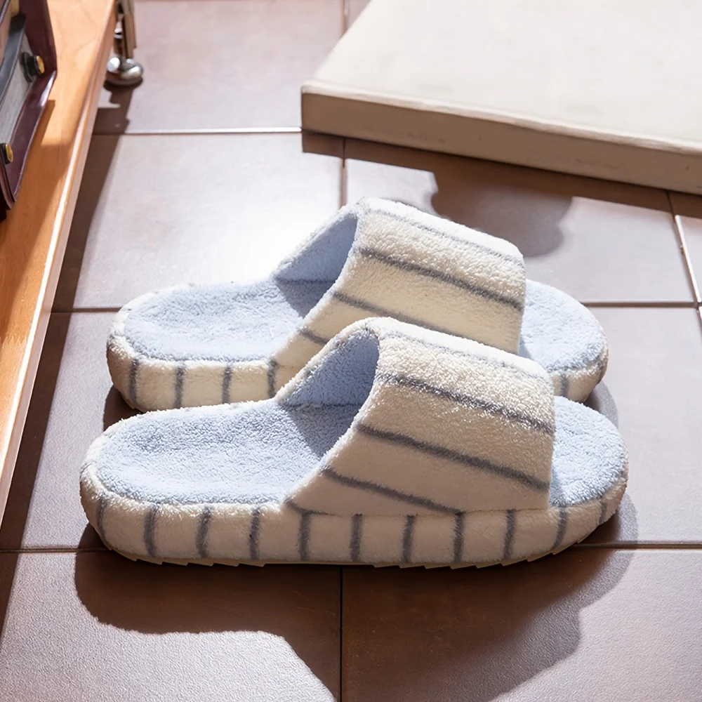 ZUOFU Unisex gestreifte einfarbige warme Plüsch-Hausschuhe, flache, leise, weichsohlige, vielseitig einsetzbare, bequeme Innen- und Hausschuhe für alle Jahreszeiten – Detail 5