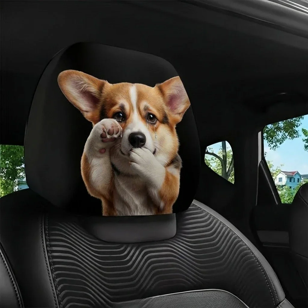 2pcs Crying Corgi Cartoon Car Headrest Cover Removable Washable Seat Headrest Protector Cover