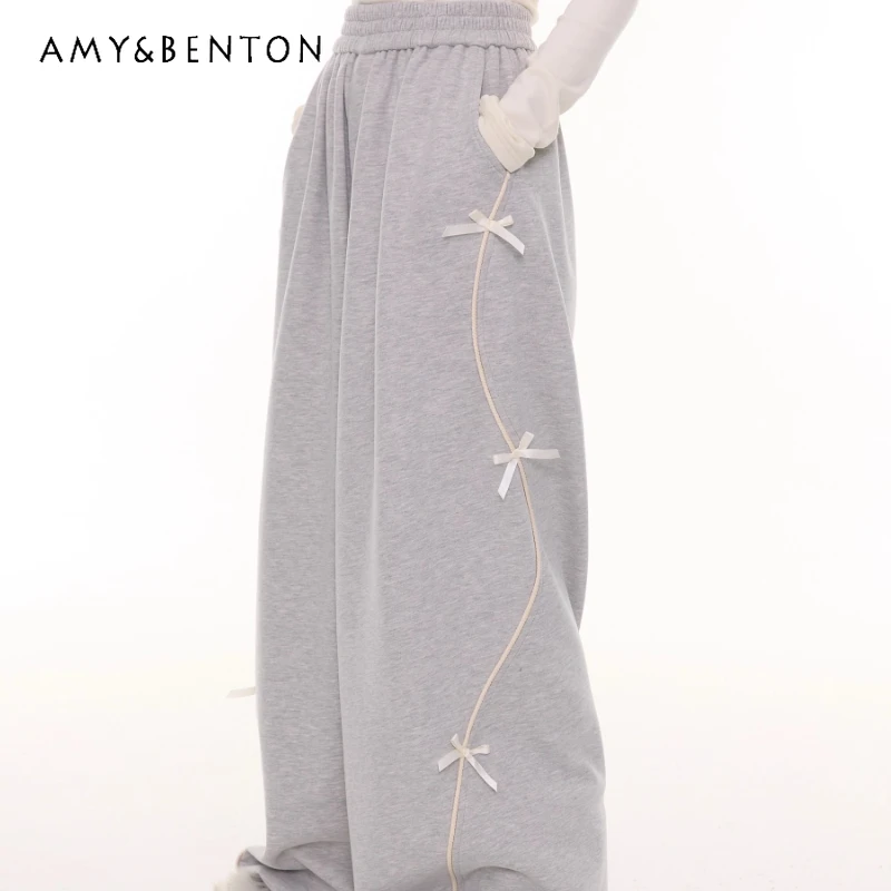 

Autumn Design High-Waisted Slimming Bow Women's Long Pants American Retro Gray Loose Versatile Casual Wide-Leg Trousers Ladies