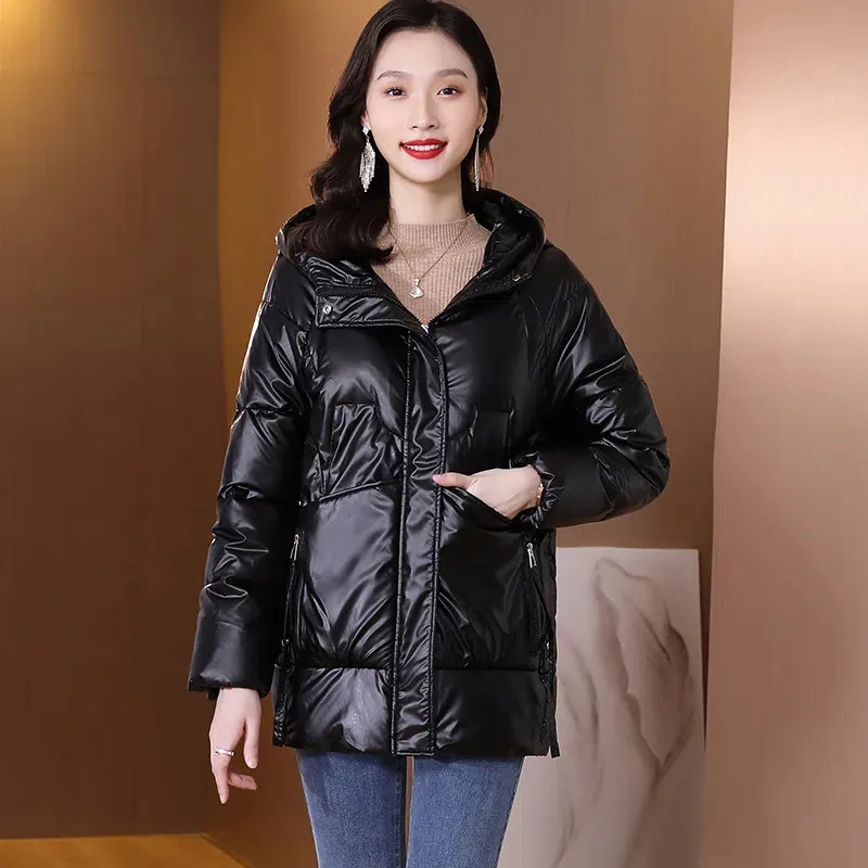 2022 New Shiny Thickened Padded Jackets Women Hooded Overcoat Parkas Mid-Long Loose Warm Down Cotton Jacket Fashion Puffer Coats