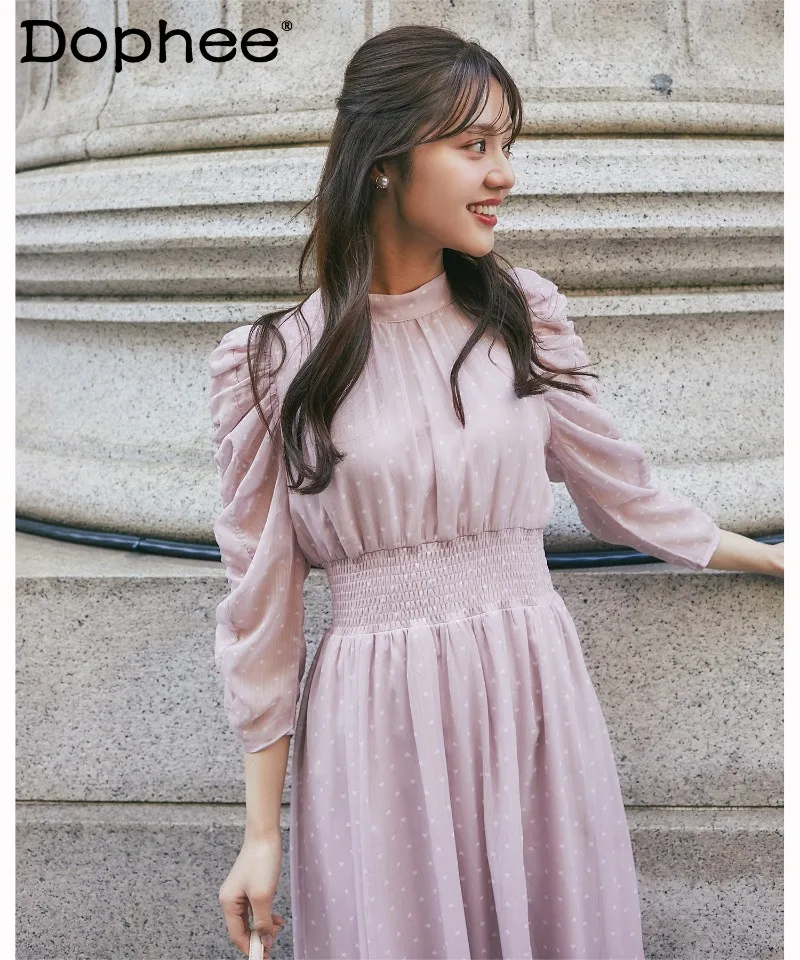 

Japanese Sweet Gentle Lady Polka Dot Off-Shoulder Dress High Waist Slimming Long Women's Dress 2026 Spring New Style