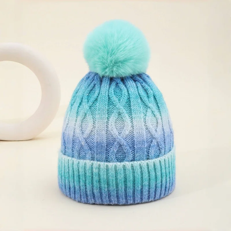 Gradient Blue Cable Knit Beanie With Fluffy Pom‑pom Women Winter Warm Soft Knitted Skull Cap Outdoor Thermal Hat