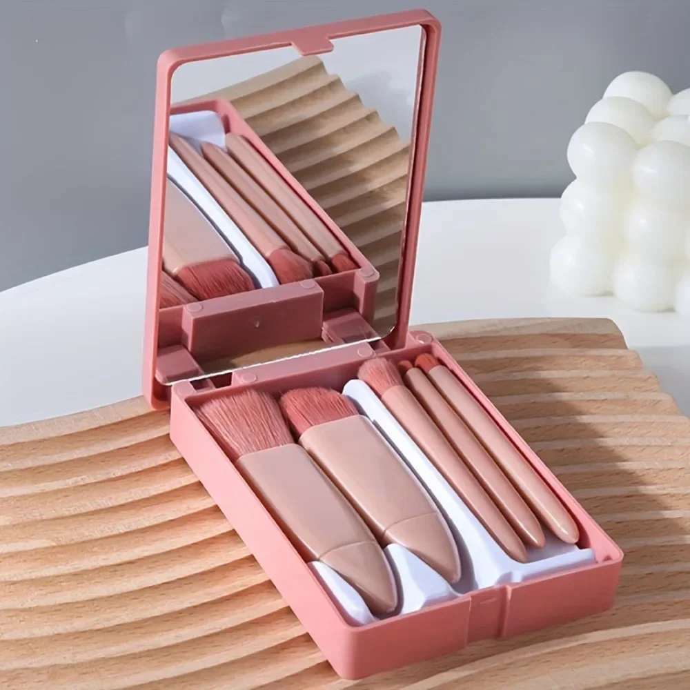 トラベル 5 ミラーボックス メイクブラシセット 多機能パウダーブラシ パウダーブラッシャーブラシ ミニミラーメイクブラシ