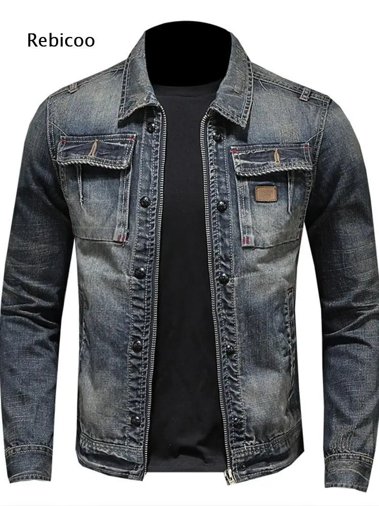 Collared Dual Fasten Denim Jacket For Men Vintage Washed Outerwear Chest Pockets For Daily Matching And Outdoor Casual Use
