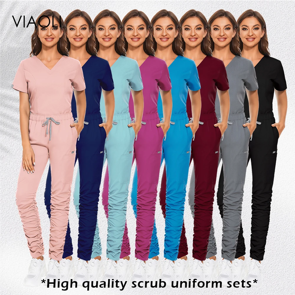 Mulheres de Enfermagem Médica Scrub Uniforme, V-Neck Uniformes Hospitalares, Tops de Manga Curta, Calças Jogger, Workwear, Uniforme Spa Beleza, Venda Quente