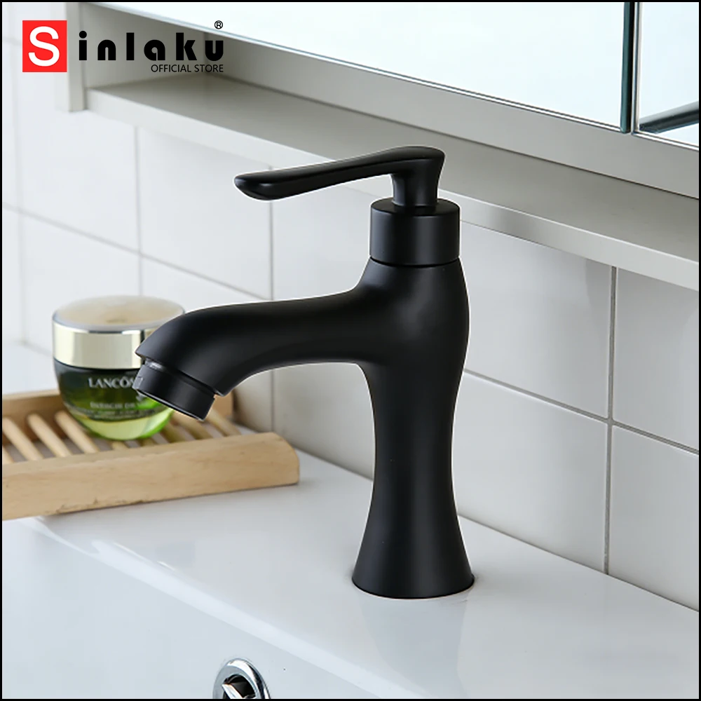 

SINLAKU Матовый черный смеситель для ванной комнаты, однорычажный, для установки на столешницу, для раковины/ванной, только холодная вода