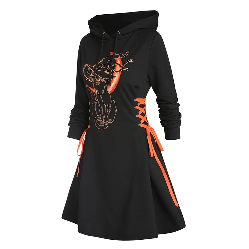 

Dressfo 2024 Womens Gothic Hoodie Dress Cat Hat Moon Print Lace Up Long Sleeve A Line Mini Dress Black Dresses