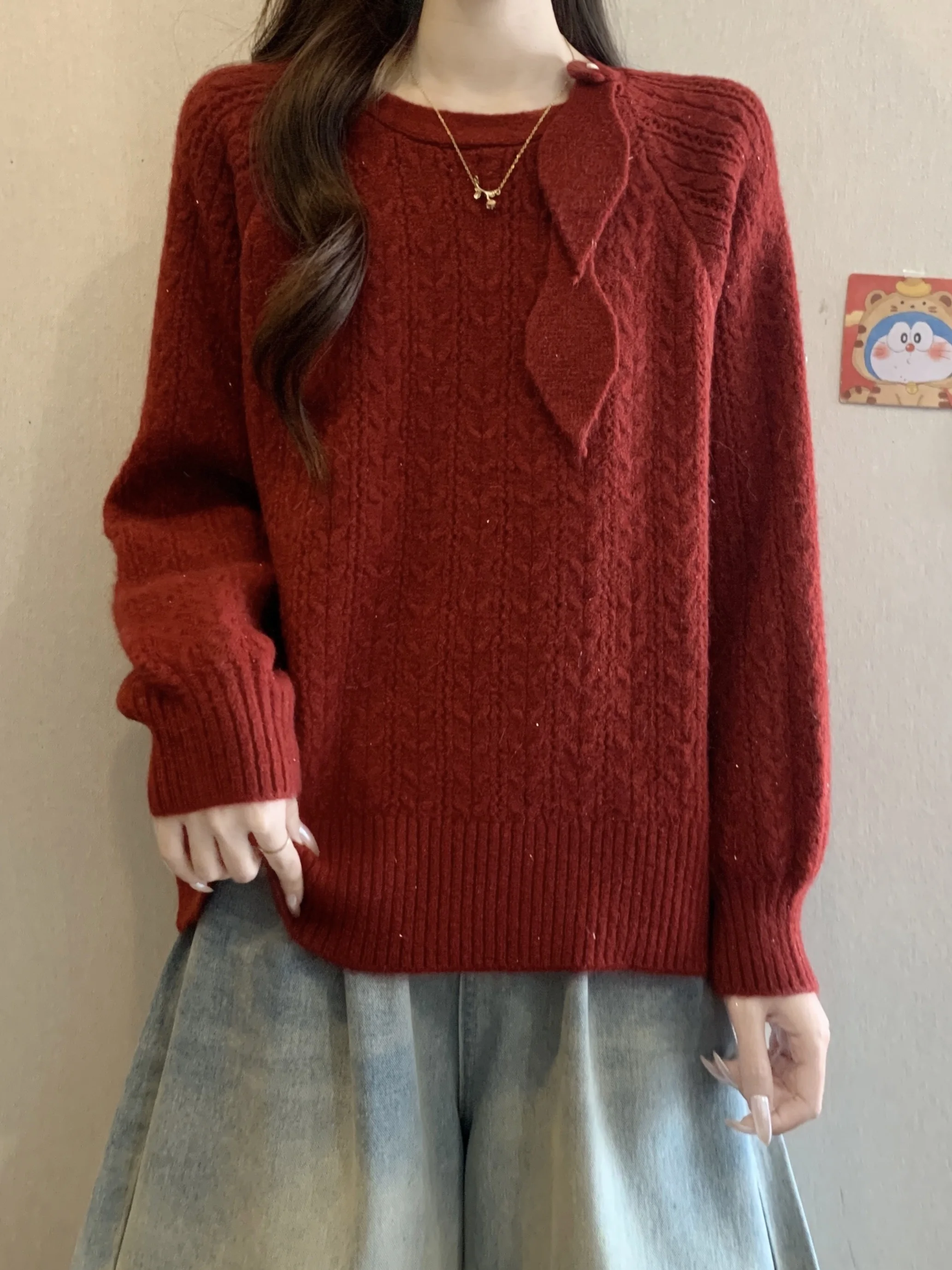 

Красный утепленный вязаный свитер с длинными рукавами, свободный крой, удобный, больших размеров, женский, модный, осенне-зимний, повседневный, трендовый