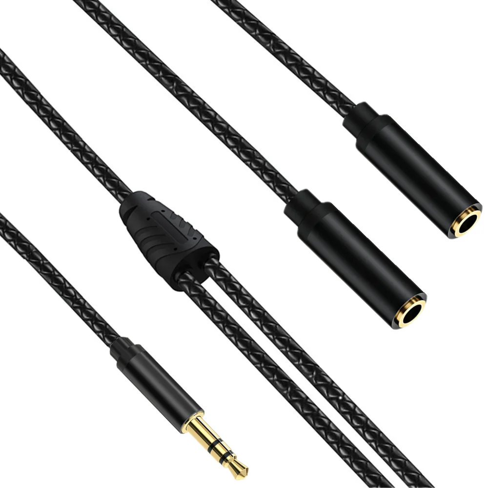 3.5mm 1 to 2 Audio Splitter Adapter Cable 30cm L Type Gold Plated Braided for Headphone Speaker Sound Card Mixer Monitoring