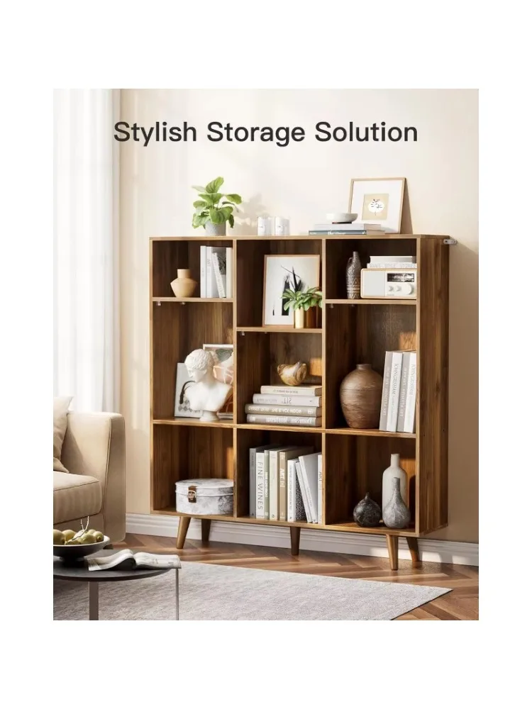 

9-Cube Bookshelf, Bookcase with 3 Height-Adjustable Shelves and Solid Legs, Cube Storage Shelf, Freestanding Open Bookshelf