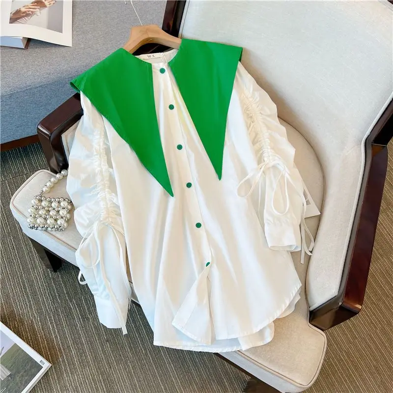 2025 outono novo grande pescoço apontado chique nicho solto casual branco emenda camisa feminina de manga comprida peter pan colarinho topo