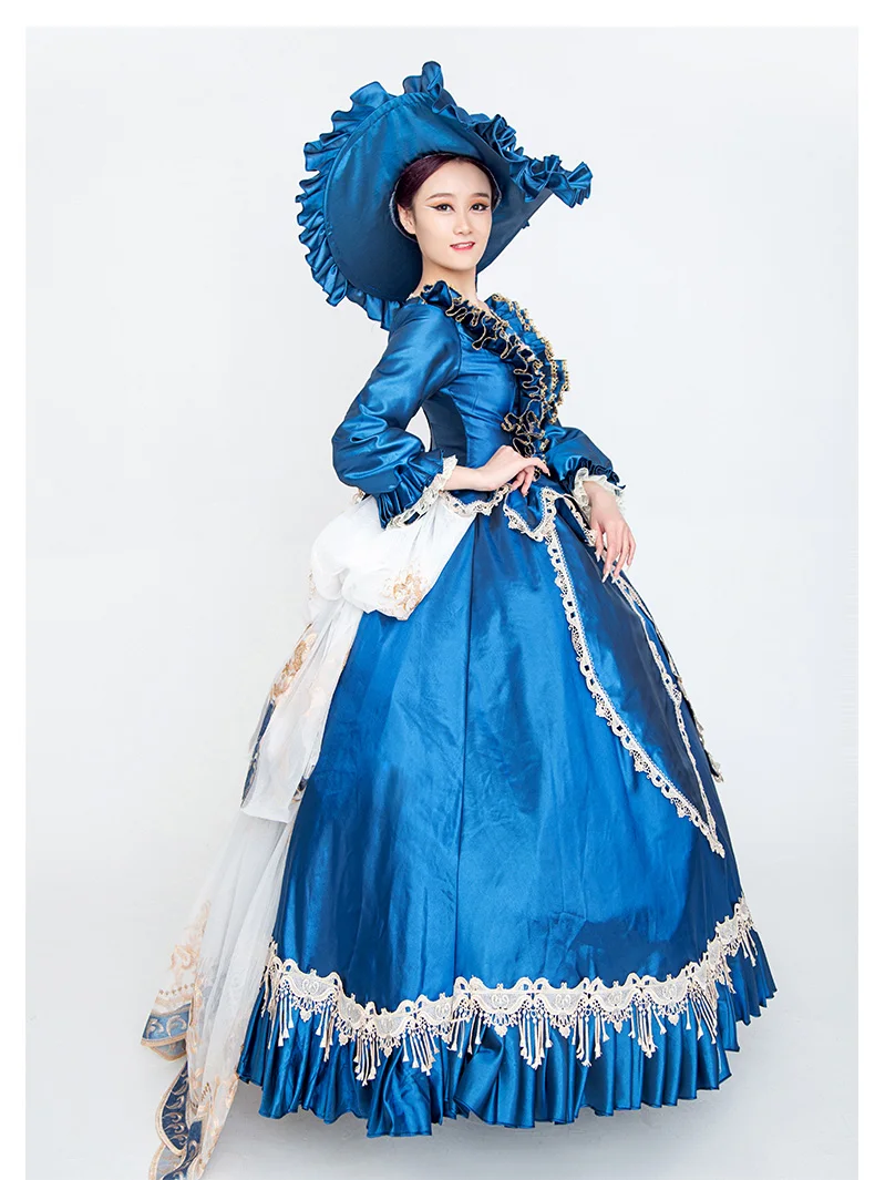 peacock blue ruffled lace gown Medieval long dress court queen Renaissance Gown vintage Victoria dress stage