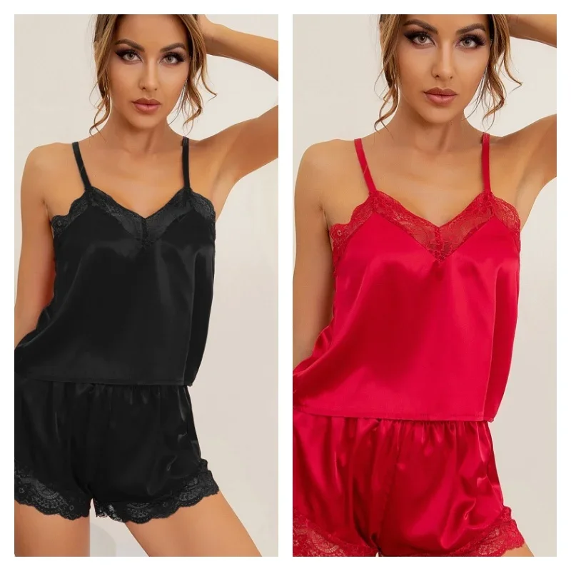 

Sexy Nightwear Women Two Pieces Shorts Solid Color Pajamas with Suspenders Lace Sleepwear Homewear Europe and America