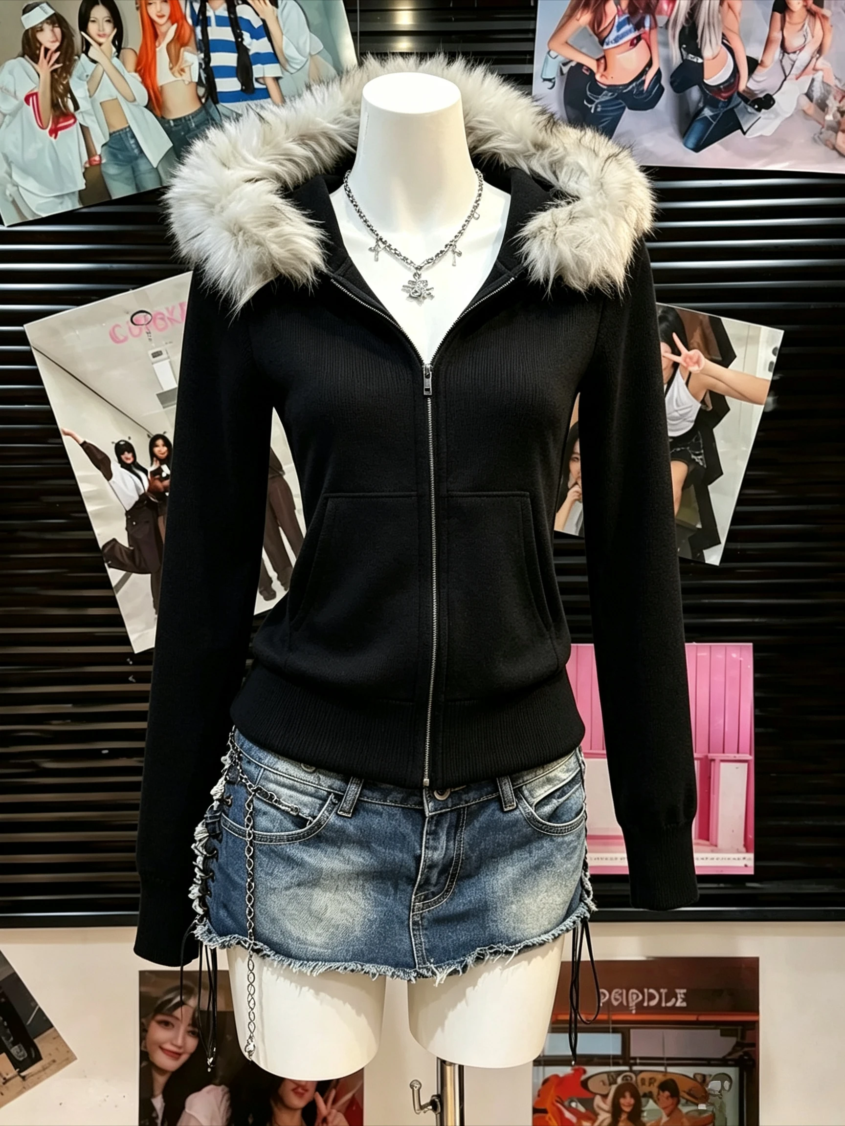 2026 Women Hot Girl Y2K Sweatshirt American Vintage Hooded Jacket Harajuku Faux Fur Collar Slim Belted Casual Outer Coat