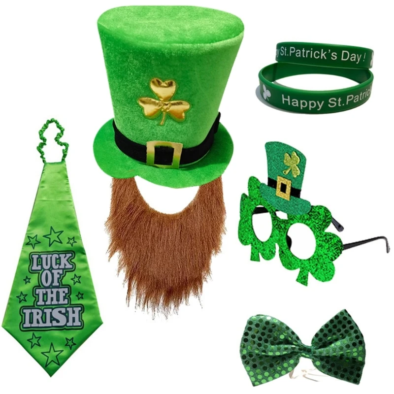 StPatrick Day Green Hat with Beard Irish National Day Costume Set for Gathering