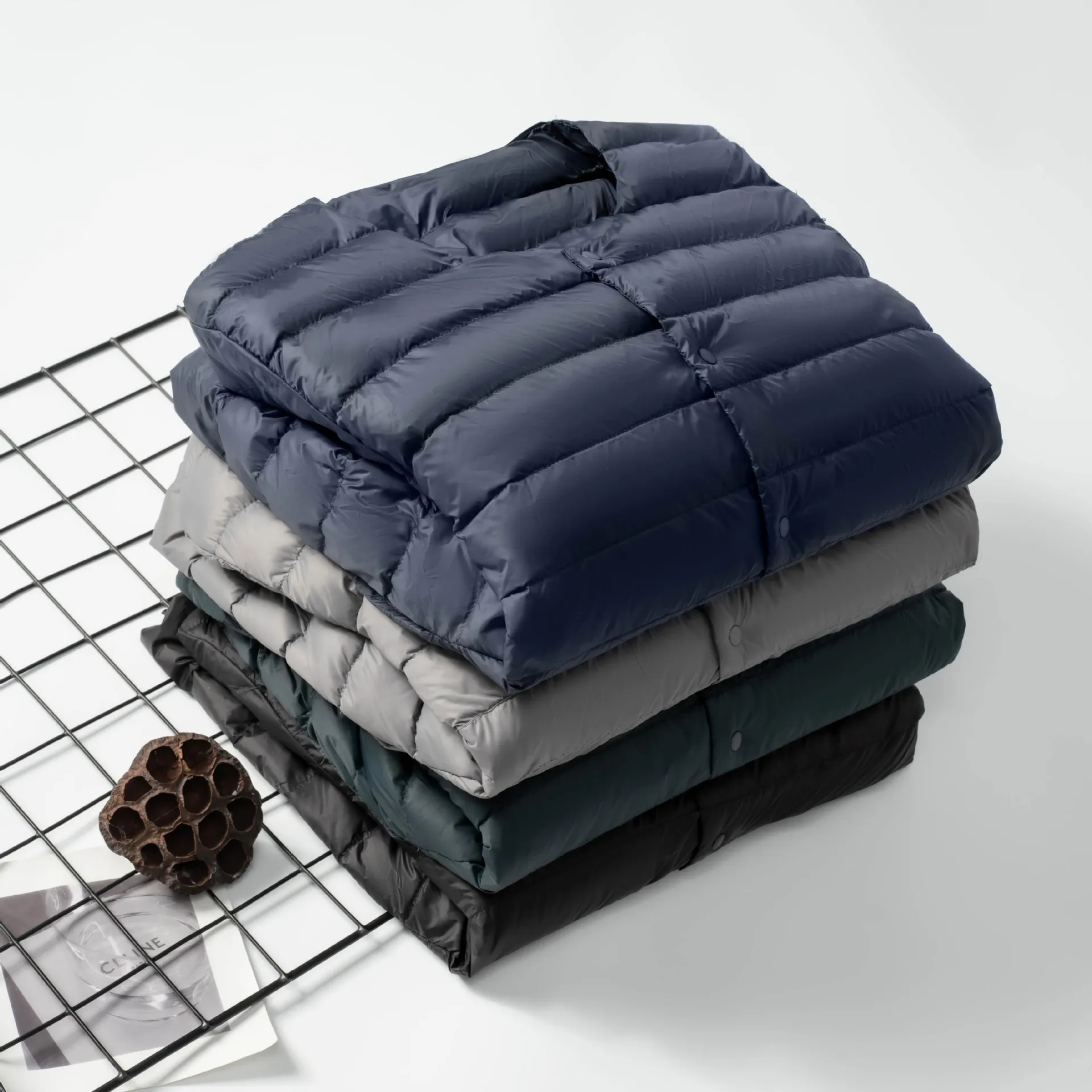 2026 New Fashionable Men's Autumn and Winter Round Neck Down Liner Light and Thin Collarless Warm Simple Solid Color Button Light Down Jacket