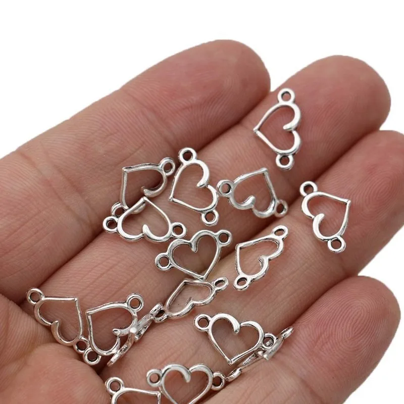 50pcs/package Silver Plated Heart Charm Links Pendant Connectors for Jewelry Making Bracelet DIY Craft Accessories