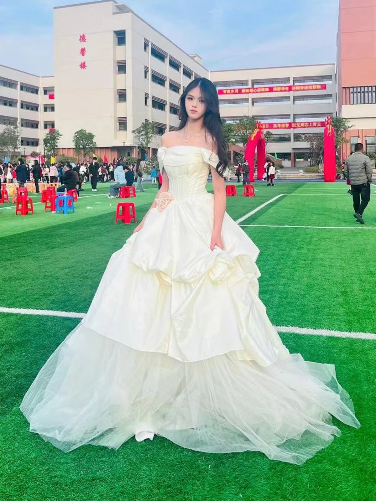 

Champagne Princ Sle Evening Gown Women's One oulder Student Birthday Host High Waist Long Dr Ele Sensation