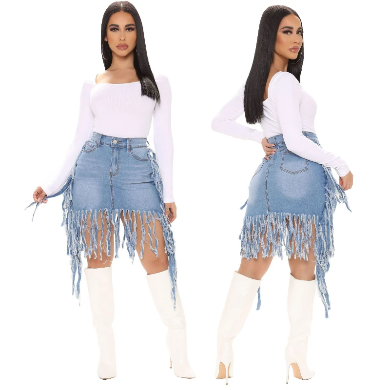 

Denim Skirts Women A Line Tassels Spliced Mini Skirt Slim Fit Hip Wrap Button Elegant Splice Washed Jeans High Waist Summer