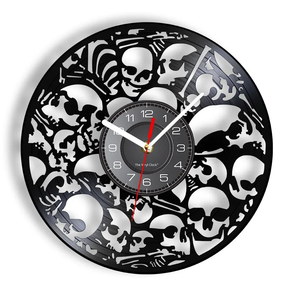 Dead Skeletal Heads Wall Clock Make of Vinyl Record Vintage Hanging Piled Skulls Wall Art Halloween Horror Decor Vinyl Clock