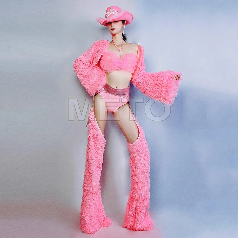 

Sexy Pink Gogo Dance Clothing Hat Bikini Hollow Out Pants Dancer Stage Costume Jazz Dance Clothes Party Rave Outfit 001