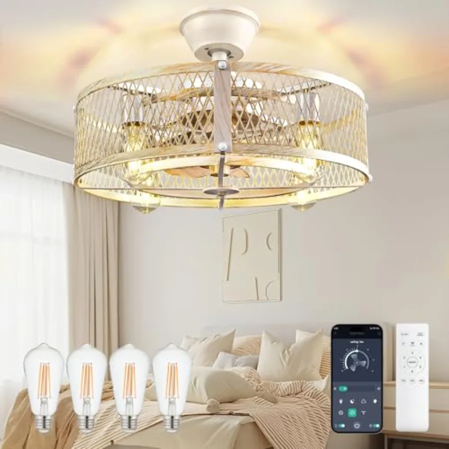 

DLLT Caged Ceilg Fans with Lights: " Farmhouse Fandelier Ceilg Fan with Light and Remote Smart APP - Cement dustrial Chandelier
