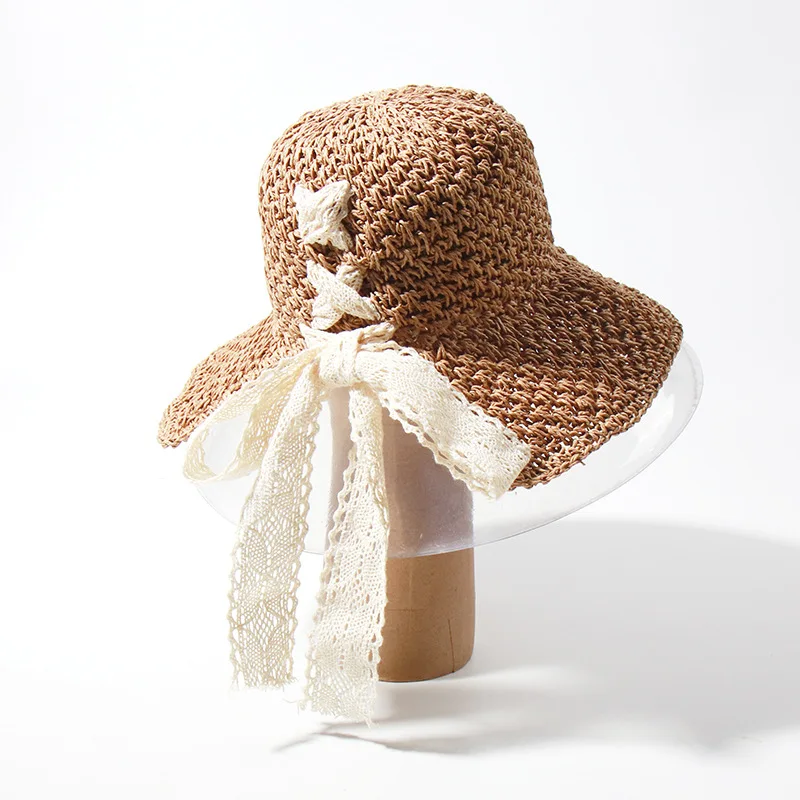 Women Spring Summer New Bow Knot Hand Crochet Lace Round Top Foldable Sun Bucket Hat