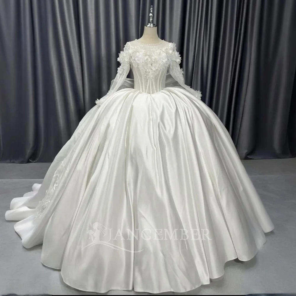 

Generous Women's Wedding Dresses Satin Appliques Floor-Length Bride Gowns Long Sleeve Satin O Neck Customized Vestido De Noivas