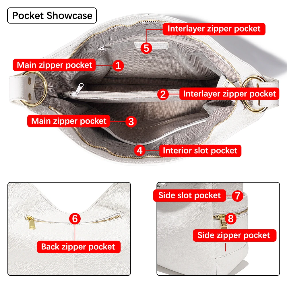 Zency Elegant White 100% Genuine Leather Women Hobo Handbag Shoulder Bag Large Capacity Lady Zipper Crossbody Bags Designer