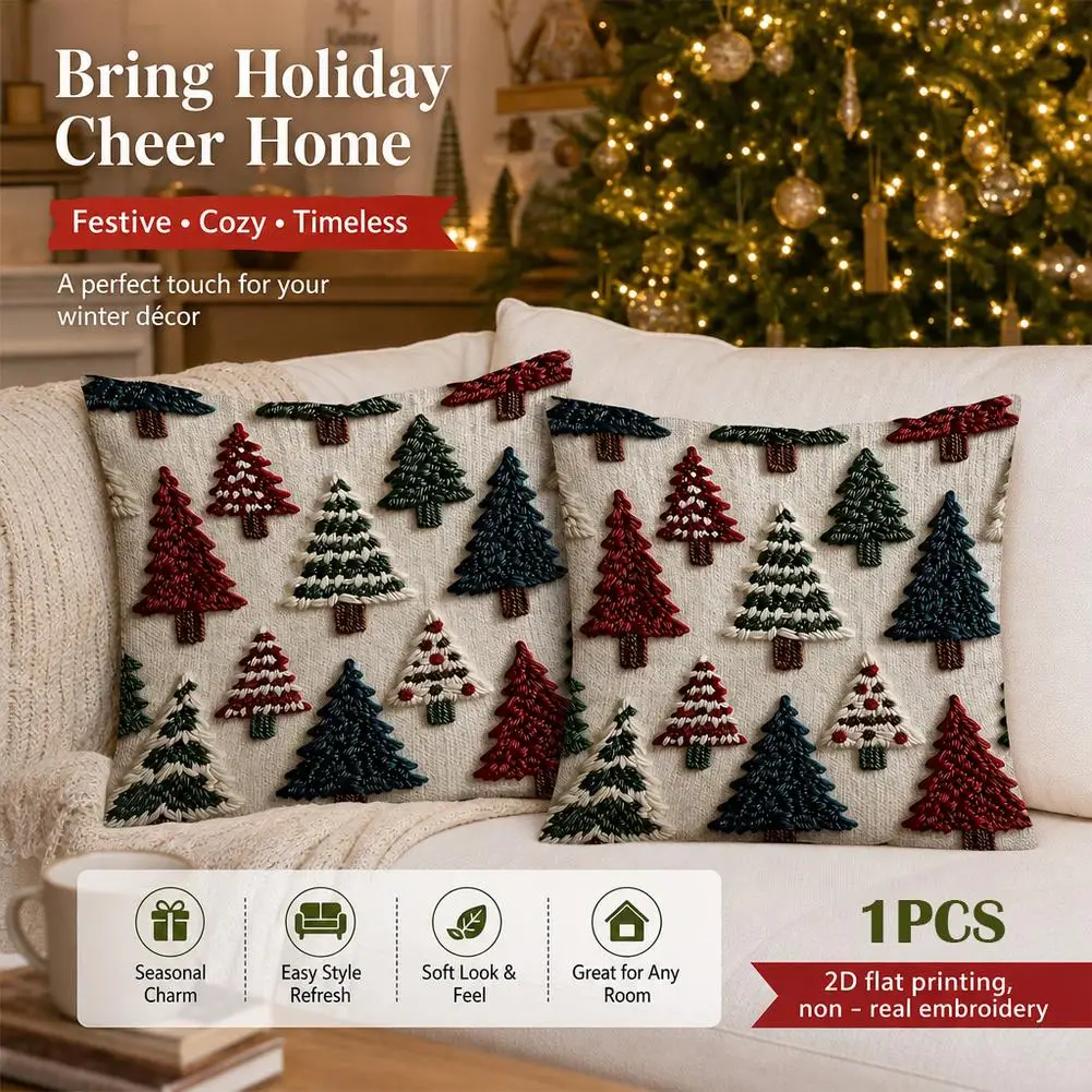 1PC 2D Flat Print Pillow Cover Christmas Tree Embroidery Style Holiday Decorative Throw Pillow Sofa Couch Home Decor Gift