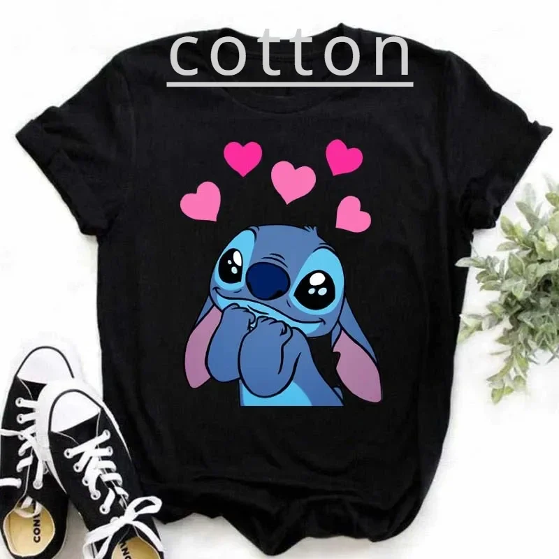 Disney Lilo Stitch Cotton Children T-shirts Cute Cartoon Black Top Summer O-neck Ohana Stitch Baby Tees Boy Girl Kid Clothes