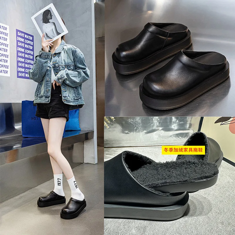 European Station Baotou Half Slippers Women\'s 2023 Summer New Soft Leather Sandal Thick Sole Big Head Ugly Cute Lazy Shoes