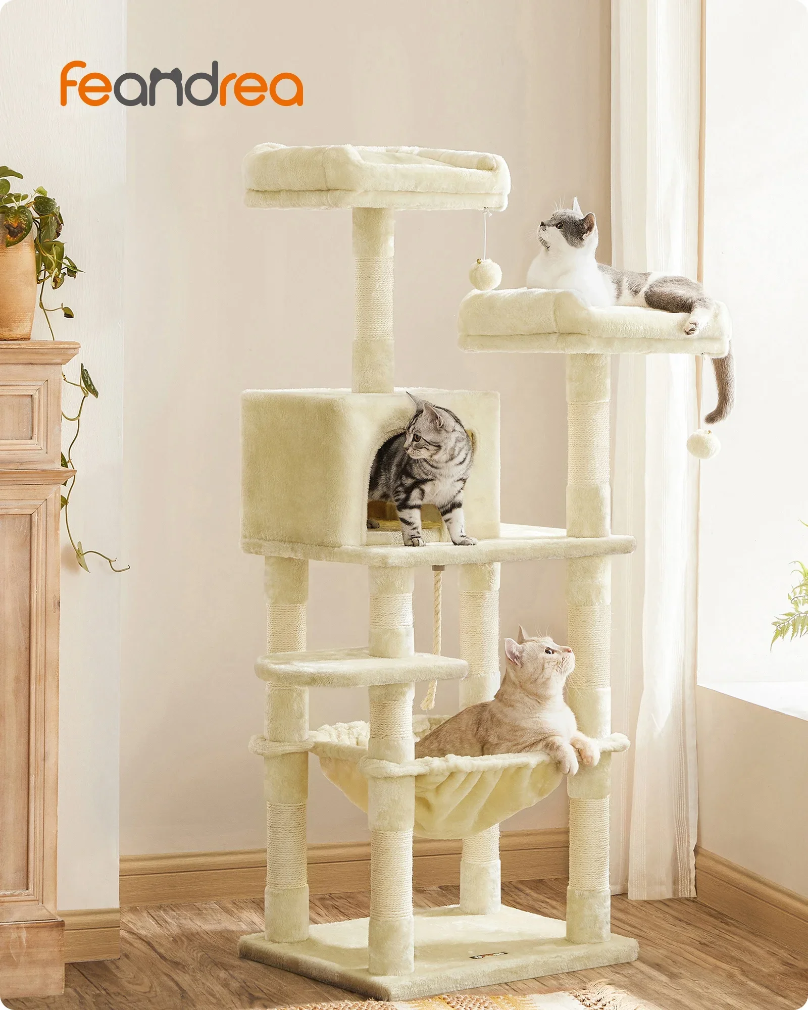 Feandrea Multi functional Modular Tall Cat House Cat Tower Condo 143cm Scratches Climbing Cat Tree with 2 Plush Perches