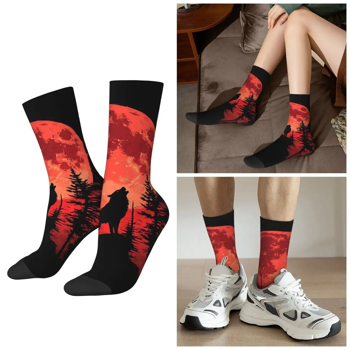 

All Seasons Dark Night Red Moon Wolf Socks Harajuku Sport Middle Tube Socks Fashion Stockings for Men Women Gifts
