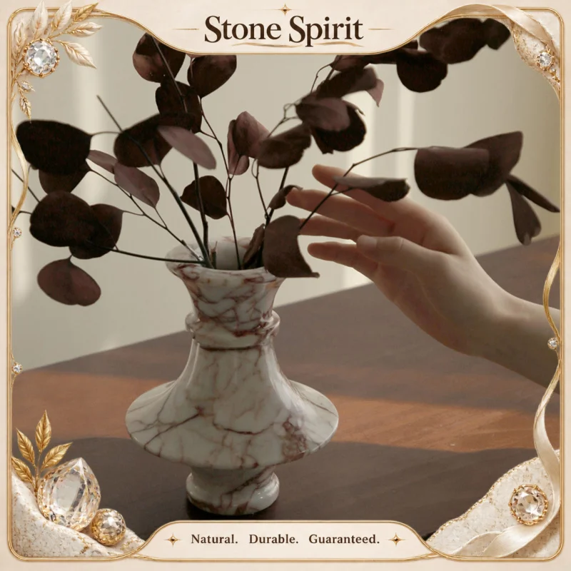 【Natural】Italian Marble Vase for Table Shelf Mantel Entryway Calacatta Red Flower Vase for Home Decoration