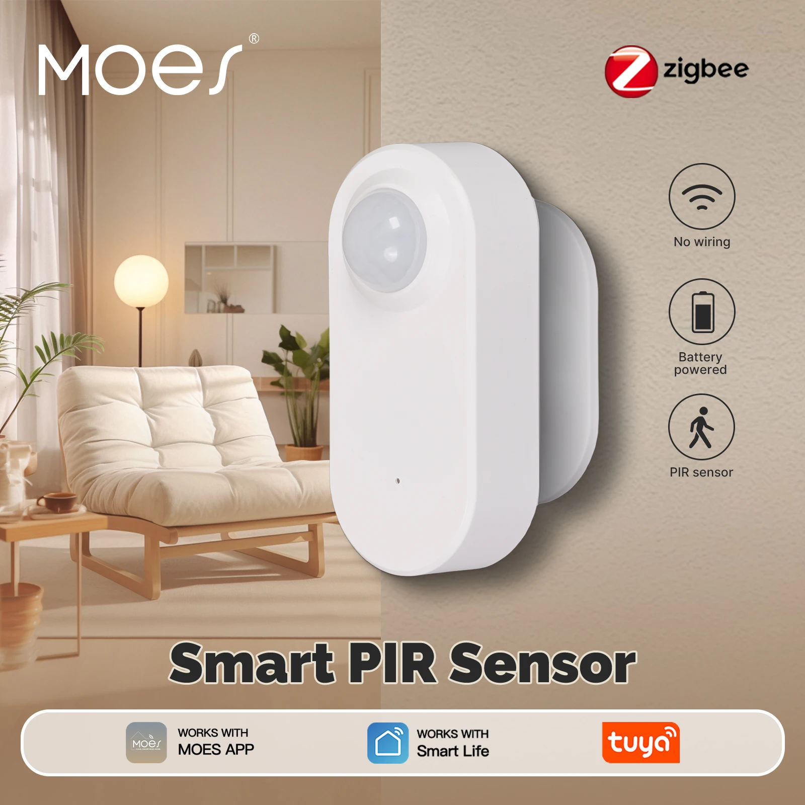 MOES Tuya Zigbee Smart PIR Sensor Battery Powered Human Body Infrared Motion Detection Scene Linkage Work With Smart Life APP
