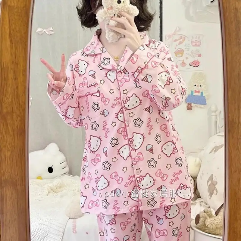 Sanrio Student Long Sleeve 2Pcs Hello Kitty Cartoon Trousers Cute Pajamas Spring and Autumn Internet Celebrity Home Clothing Set