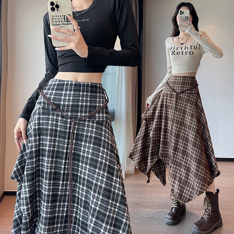 Women‘s Plaid A-Line Skirts High Waisted Irregular Hem Y2K Streetwear Fall Winter Casual Skater Skirt with Belt