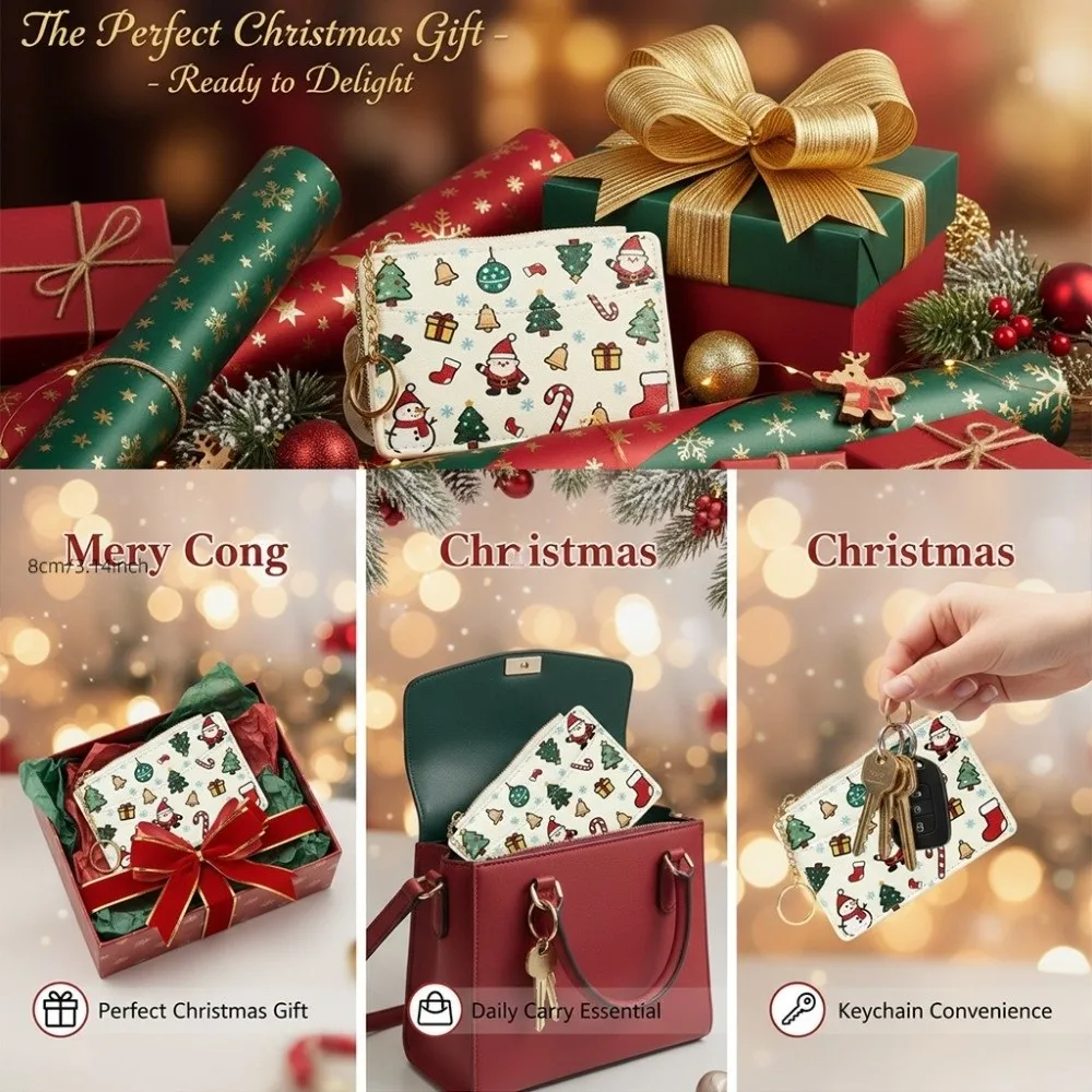 Creative Cartoon Christmas Patterns Card Holder PU Leather Multi-Card Slot Coin Purse Portable Key Holder Mini Wallet
