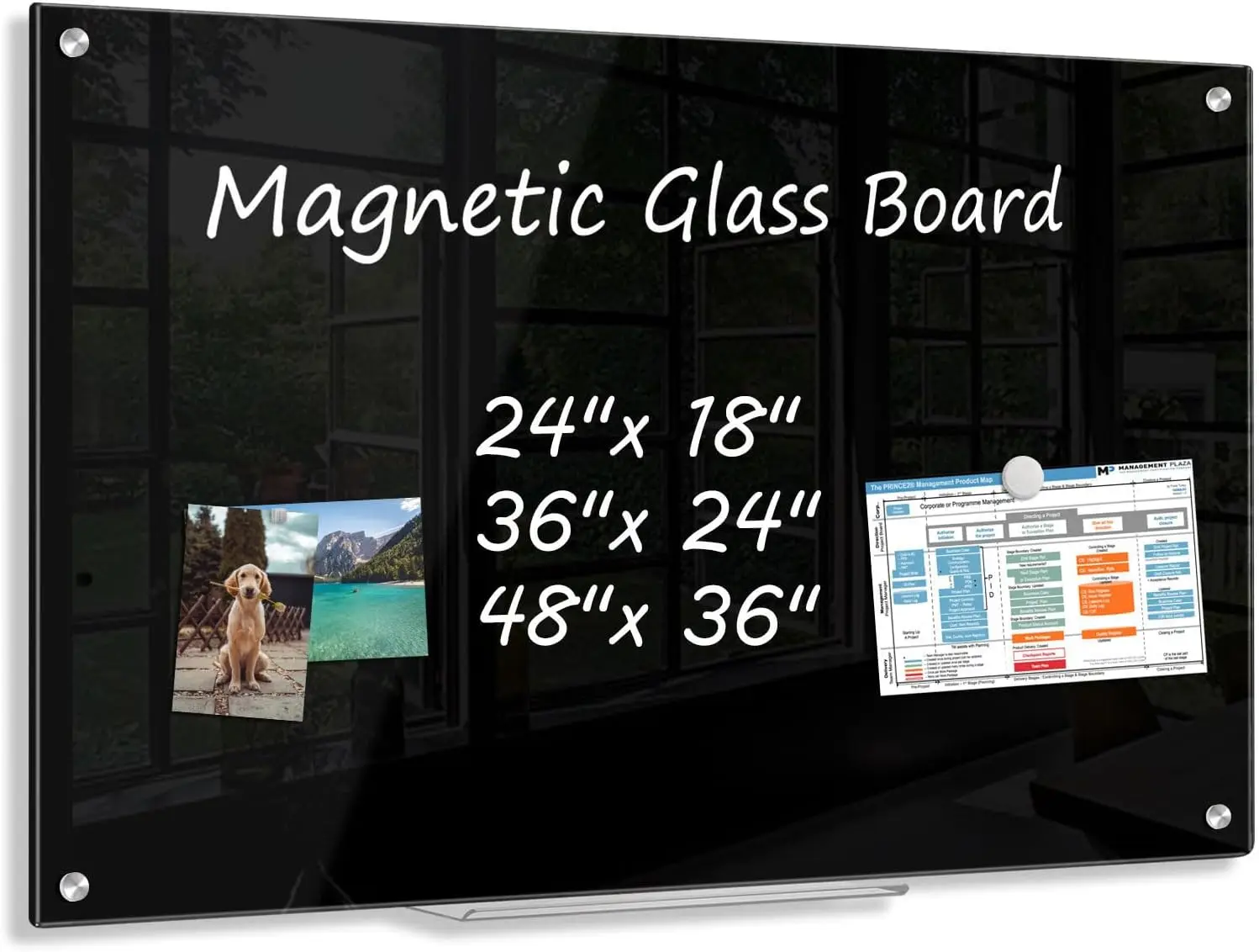 

Black Dry Erase Board 36x24 Magnetic Glass Whiteboard Frameless Wall Mounted with Pen Tray & Magnets