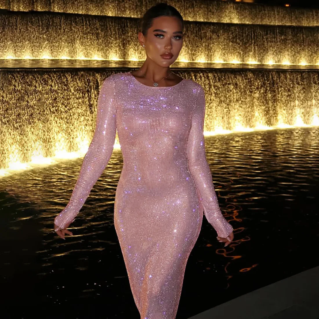 Vestido rosa brillante, ropa de noche para discoteca, vestidos 2025, ropa de otoño e invierno para mujer, trajes de lujo, vestido Sexy ajustado Maxi de fiesta liso