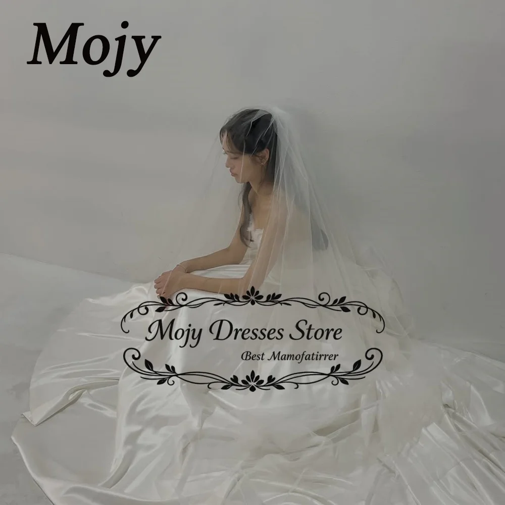 

Mojy Simple Ivory Satin A Line Strapless Korean Wedding Dress Photo Shoot Sleeveless Floor Length Bride Gown Customized 2026